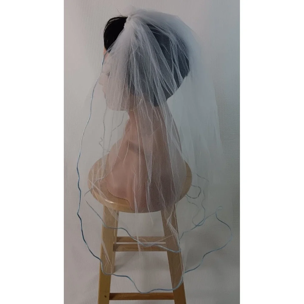 Bridal wedding Tulle net Blue Rolled hem Hair Comb layered short Veil 29.5